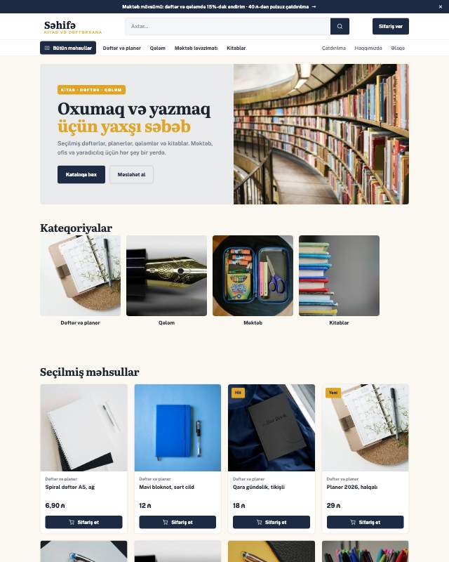 Kitab və dəftərxana mağaza dizaynının ekran görüntüsü